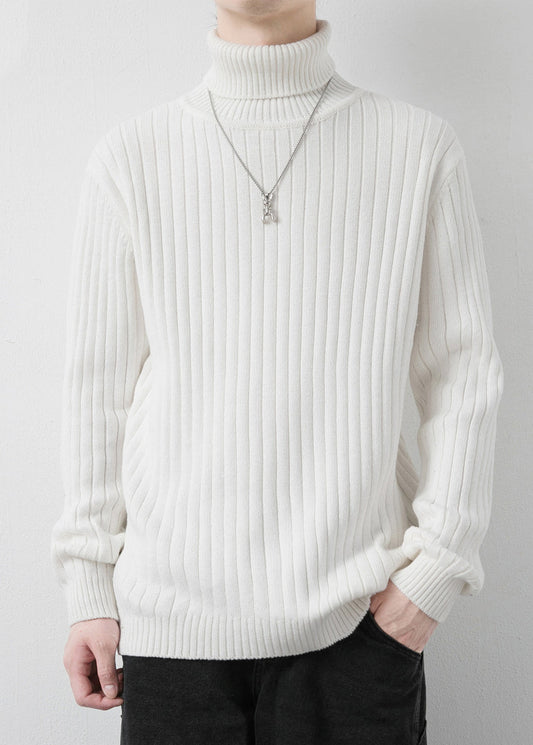 White Striped Knit Winter Sweaters Turtleneck