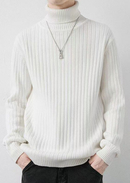 White Striped Knit Winter Sweaters Turtleneck