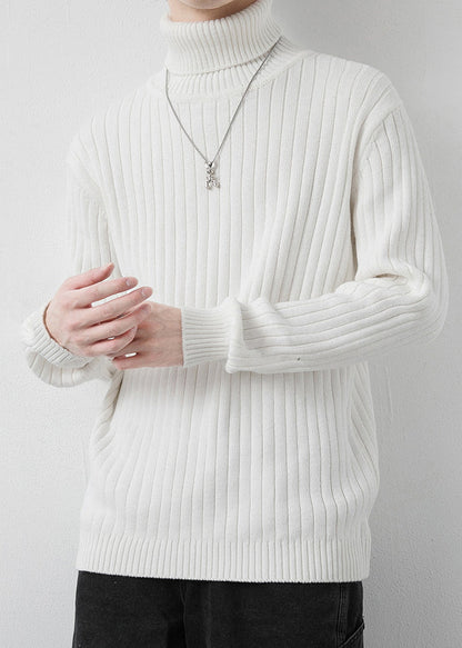 White Striped Knit Winter Sweaters Turtleneck
