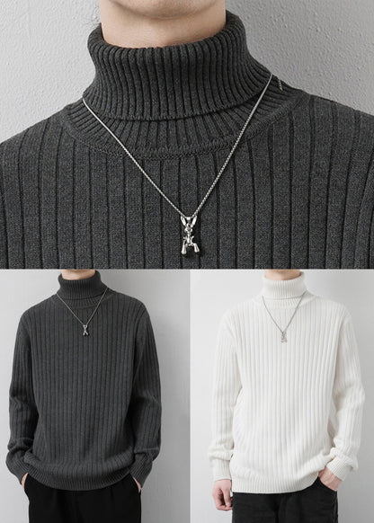 White Striped Knit Winter Sweaters Turtleneck