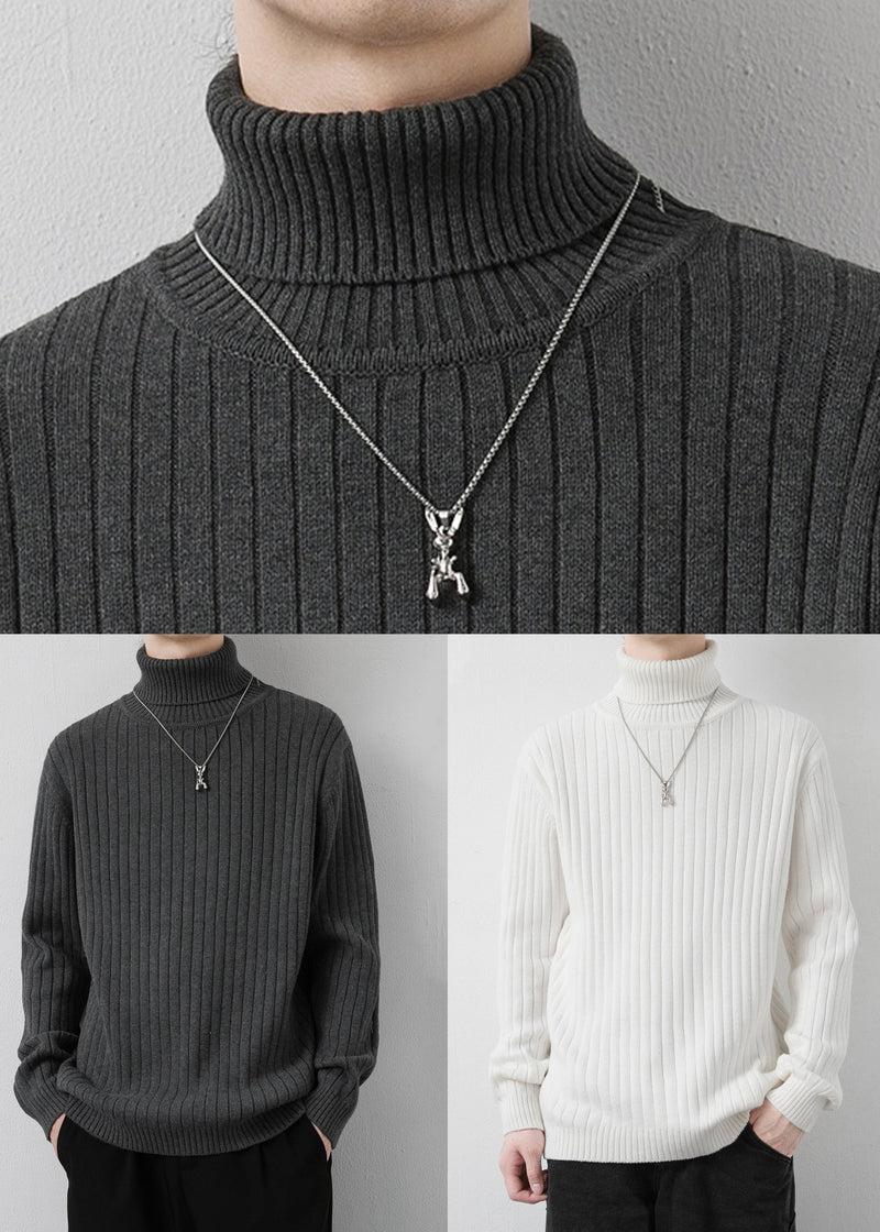 White Striped Knit Winter Sweaters Turtleneck