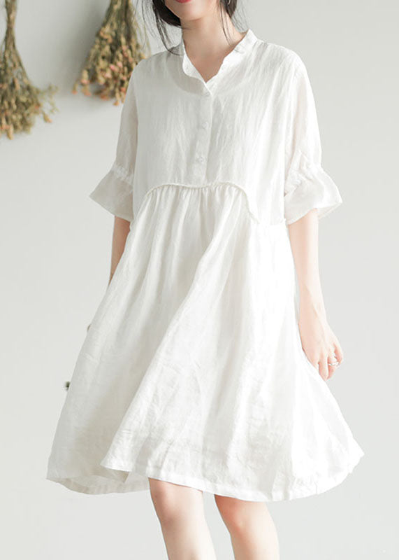 White Wrinkled Button Ramie Mid Dress Half Sleeve