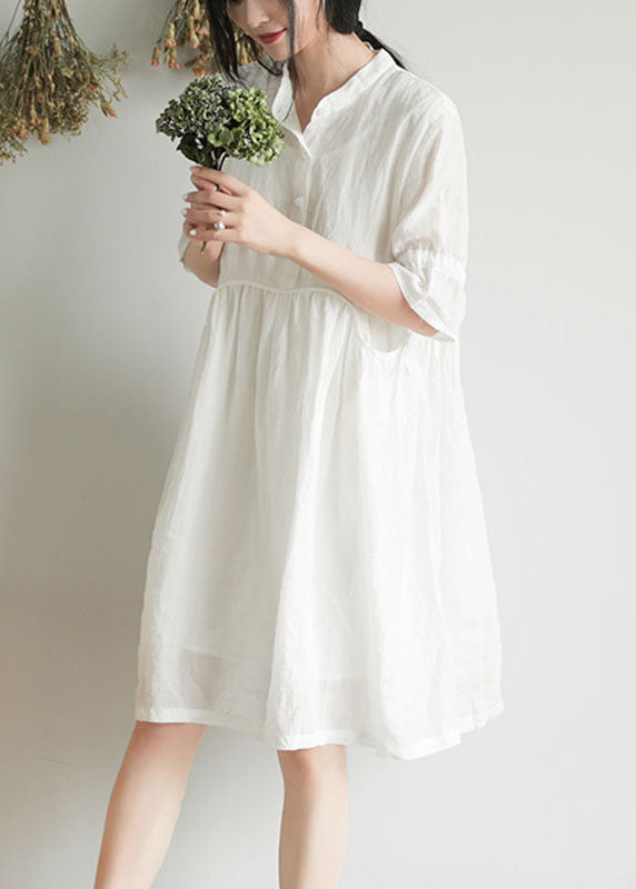 White Wrinkled Button Ramie Mid Dress Half Sleeve