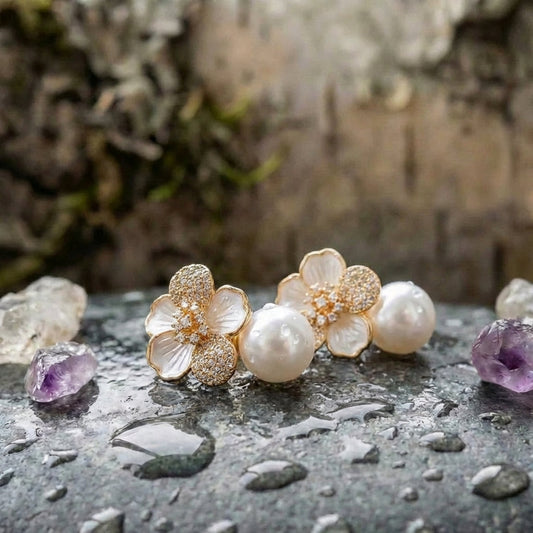 White Camellia Pearl Pendant Earrings
