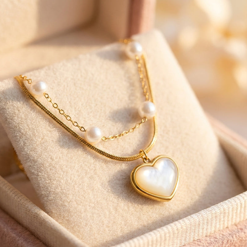 White Pearl Heart Gold Necklace