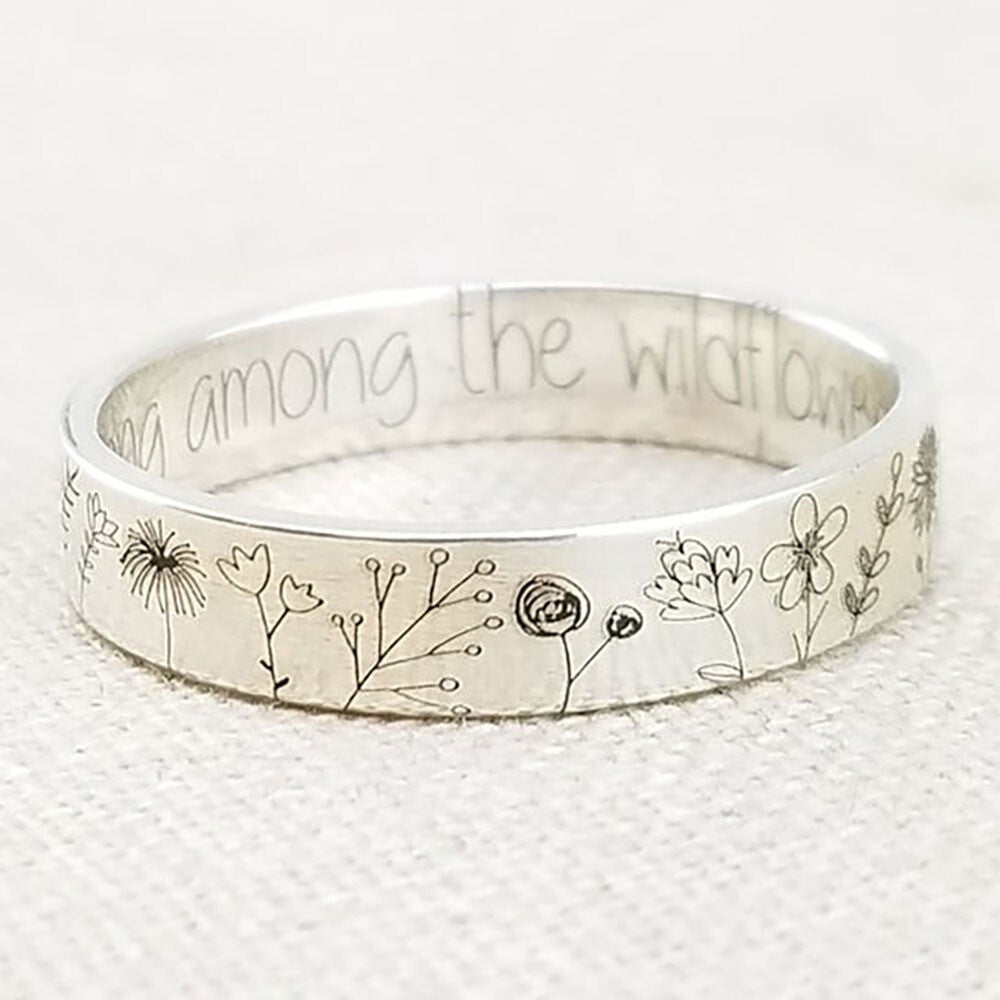 Wildflower Engraved Silver Ring