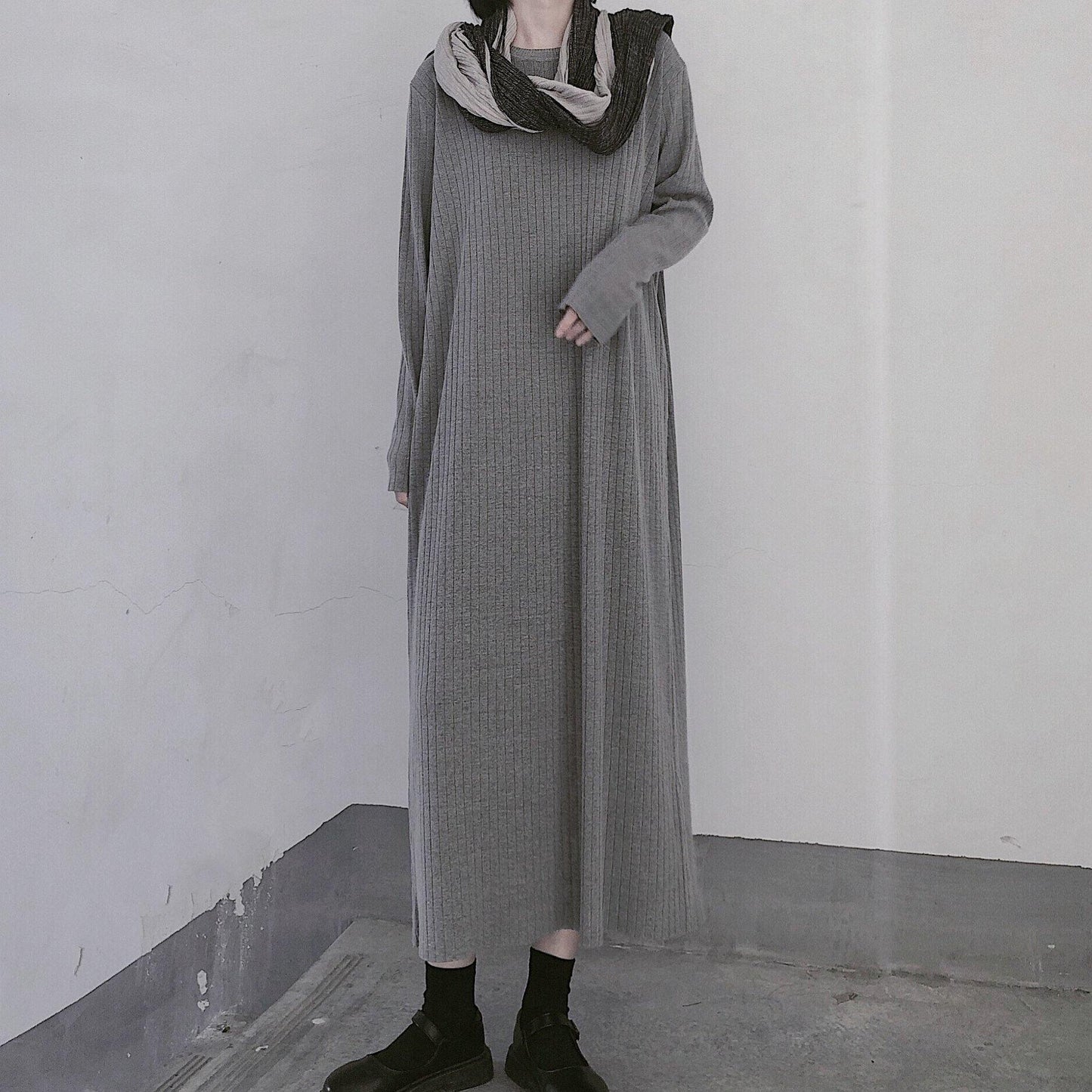 Winter Gray Sweate Outfit Refashion O Neck Long Sleeve Art Knit Dresses
