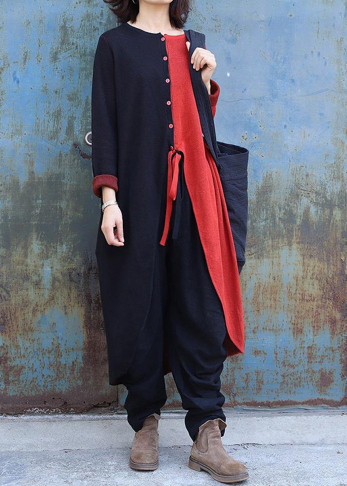 Winter Asymmetric Knit Sweat Tops Red Patchwork Black Knitted Outwear