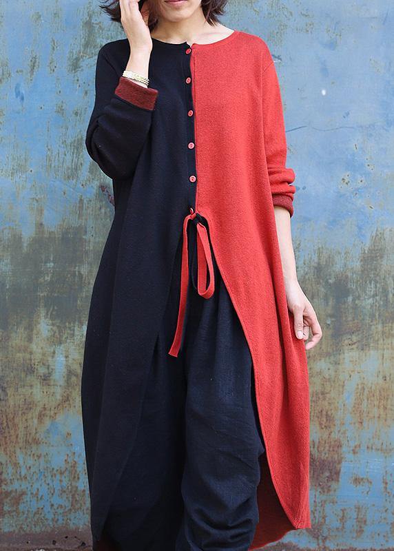 Winter Asymmetric Knit Sweat Tops Red Patchwork Black Knitted Outwear