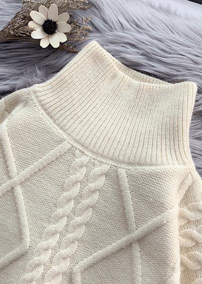 Winter Beige Crane Tops High Neck Thick Oversize Knit Sweat Tops