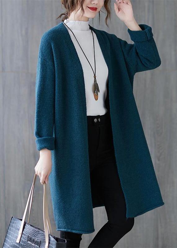 Winter Blue Knitted Outwear Clothing Fall V Neck Knitted Coat