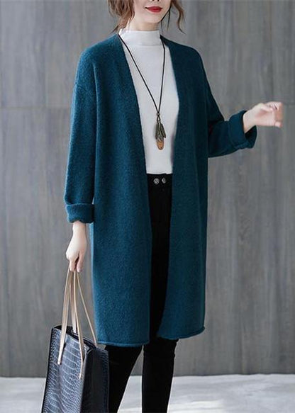 Winter Blue Knitted Outwear Clothing Fall V Neck Knitted Coat
