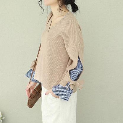 Winter Brown Knit Tops V Neck Knit Sweat Tops False Two Pieces