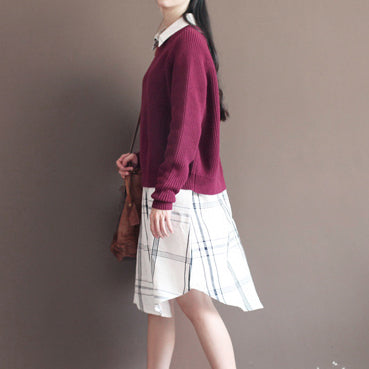Winter Burgundy Cotton Sweater Tops Knit Blouse