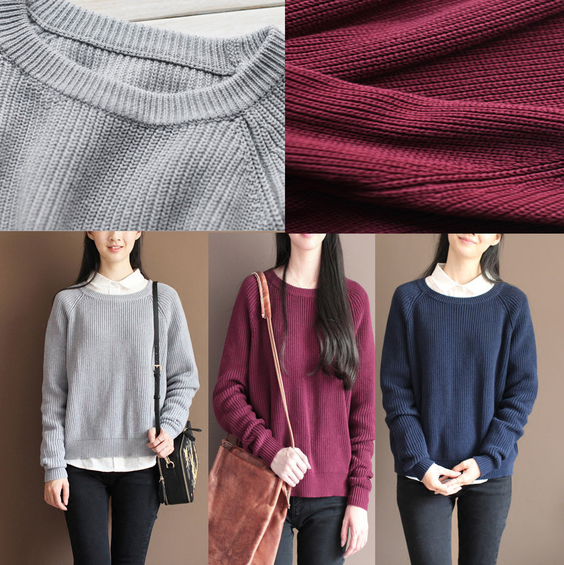 Winter Burgundy Cotton Sweater Tops Knit Blouse