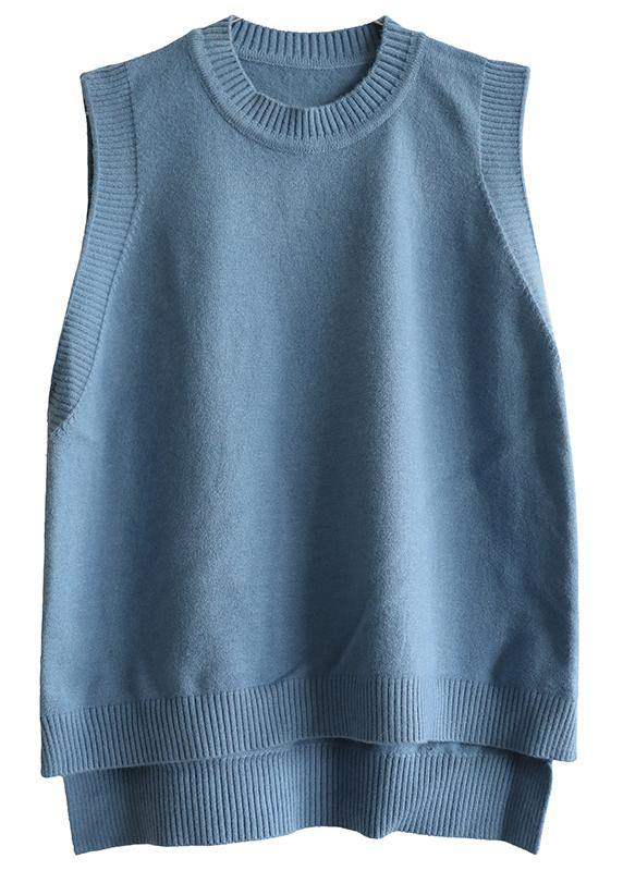 Winter O Neck Blue Knit Sweat Tops Low High Design Top Silhouette