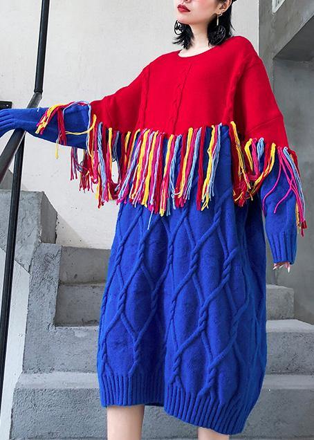 Winter O Neck Tassel Sweater Weather Blue Patchwork Red Mujer Knitwear