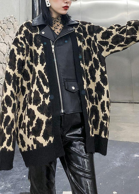 Winter Patchwork Knit Outwear Clothing Leopard False Two Pieces Knit Coats