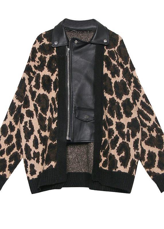 Winter Patchwork Knit Outwear Clothing Leopard False Two Pieces Knit Coats