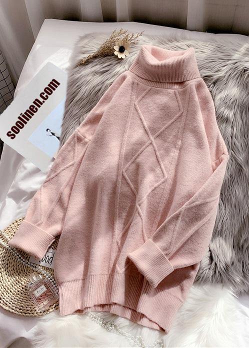 Winter Pink Sweater Dress Outfit Design High Neck Long Sleeve Fuzzy Knit Dress