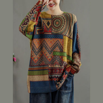 Winter Abstract Pattern Knitted Blouse O Neck Knitted T Shirt