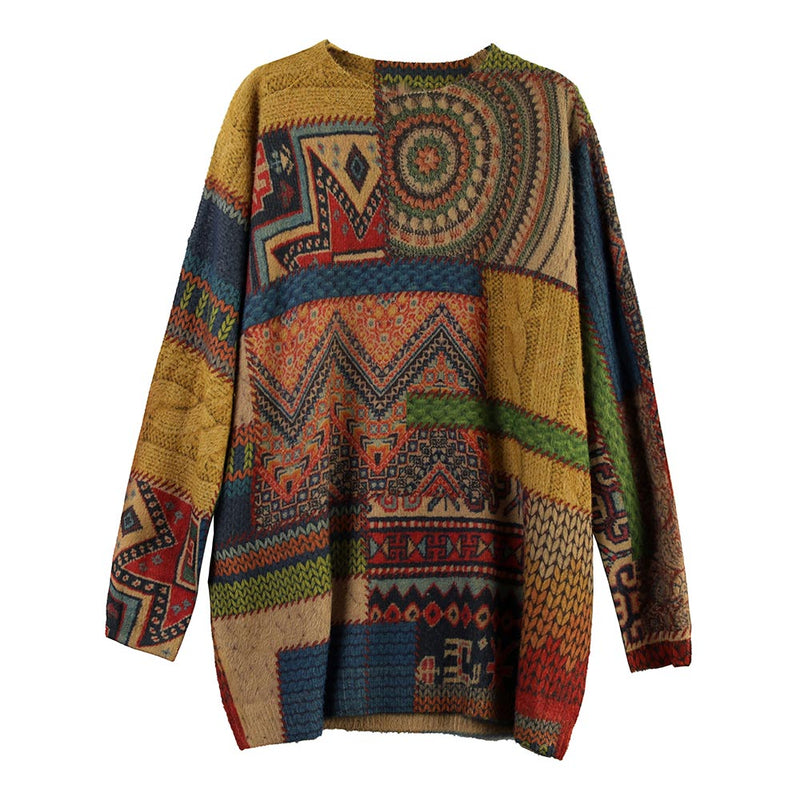 Winter Abstract Pattern Knitted Blouse O Neck Knitted T Shirt
