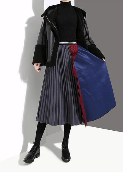 Woman Multicolor Patchwork Pleated Skirt A-line Ruffles Patchwork High Waist Skirt