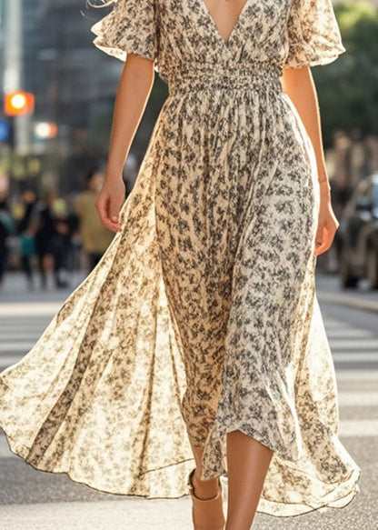 Apricot Elastic Waist Print Cotton Vacation Dresses Summer