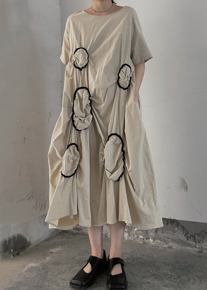 Apricot O Neck Wrinkled Patchwork Cotton Long Dresses Summer
