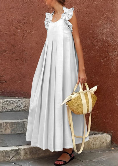 Apricot Ruffled Cotton Long Dress Sleeveless