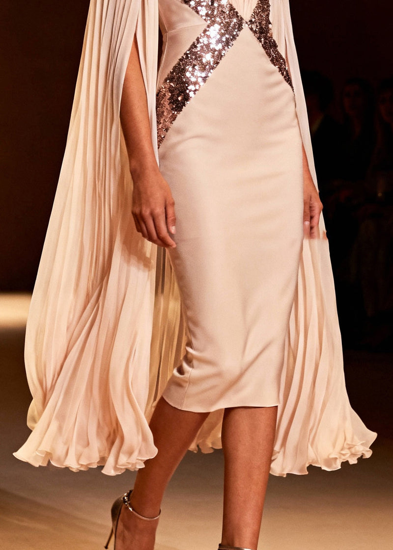 Apricot Sequins Patchwork Chiffon Wraped Dress Cloak Sleeves