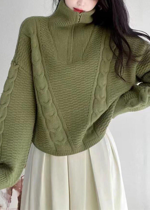Apricot Turtleneck Zip Up Cotton Knit Sweaters Long Sleeve