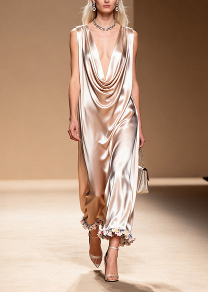 Apricot V Neck Silk Maxi Dress Sleeveless