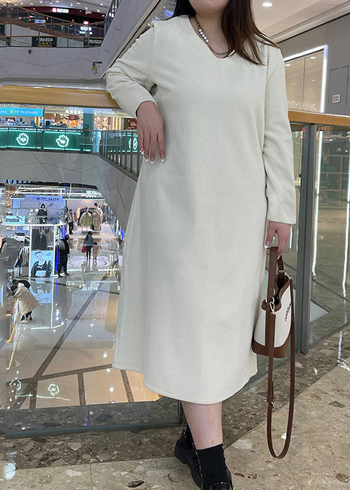 Apricot V Neck Oversized Thick Warm Fleece Mid Dress Fall