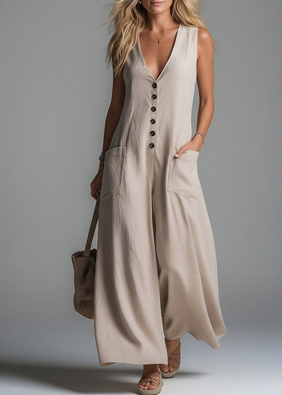 Apricot V Neck Pockets Cotton Jumpsuits Summer