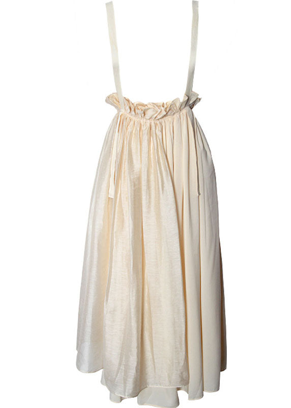 Apricot White Patchwork Pleated Cotton Spaghetti Strap Dress