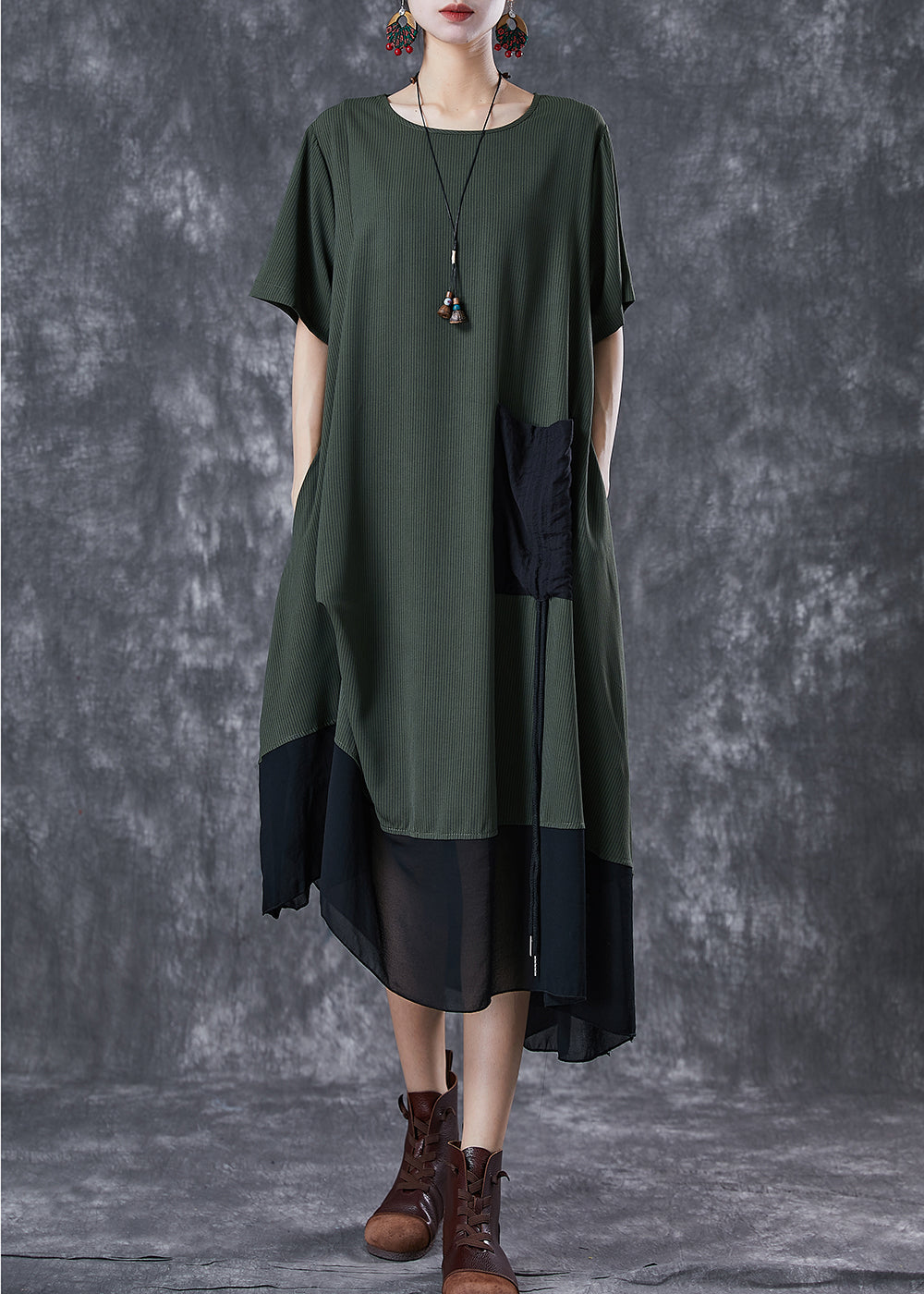 Army Green Cinched Patchwork Chiffon Maxi Dresses Summer