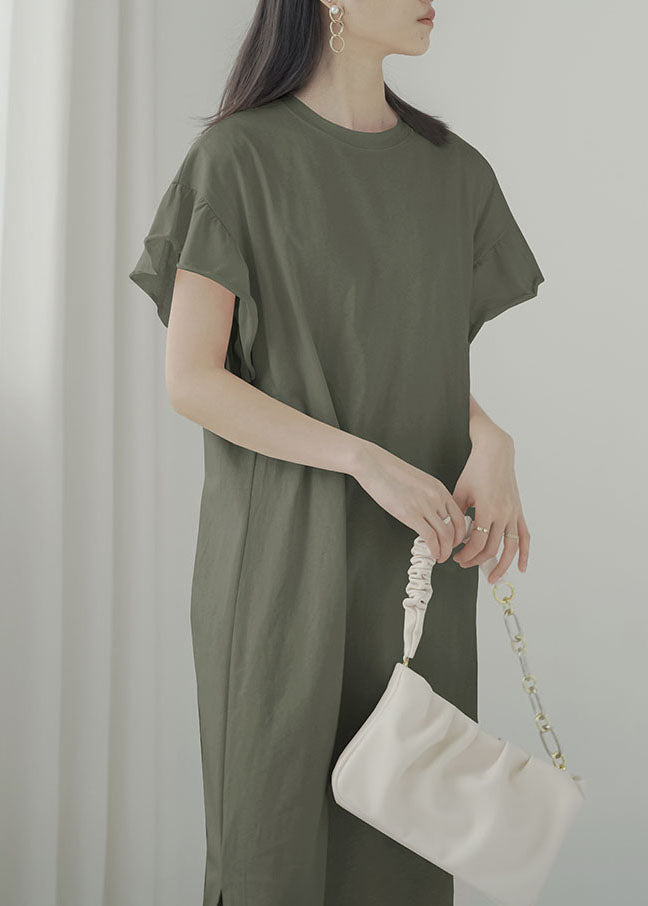 Army Green O-neck Side Open Cotton Vacation Dresses Butterfly Sleeve