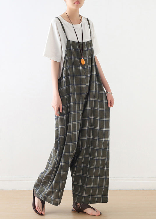 Baggy Green Plaid Cotton Spaghetti Strap Jumpsuit Summer