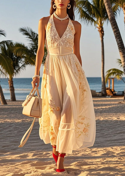 Beige Cold Shoulder Print Tulle Halter Dresses Summer
