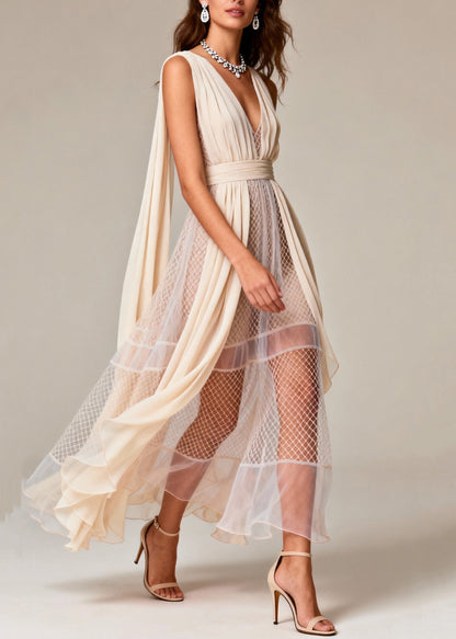 Beige Hollow Out Patchwork Tulle Evening Dress Summer