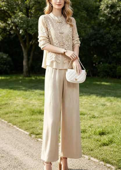 Beige Mandarin Collar Patchwork Lace Two Piece Suit Set Summer