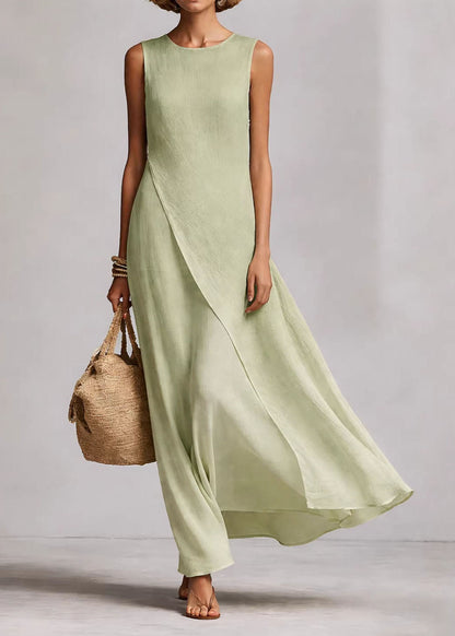 Beige O Neck Asymmetrical Cotton Dress Sleeveless