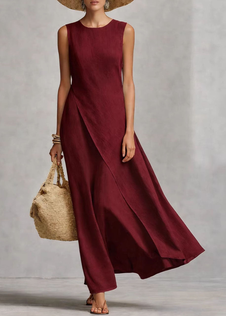 Beige O Neck Asymmetrical Cotton Dress Sleeveless