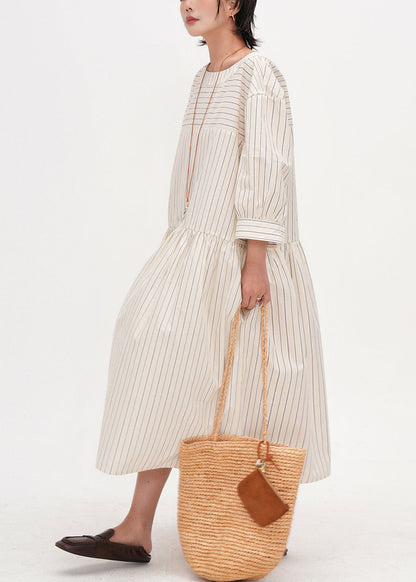 Beige Oversized Striped Cotton Maxi Dresses Bracelet Sleeve