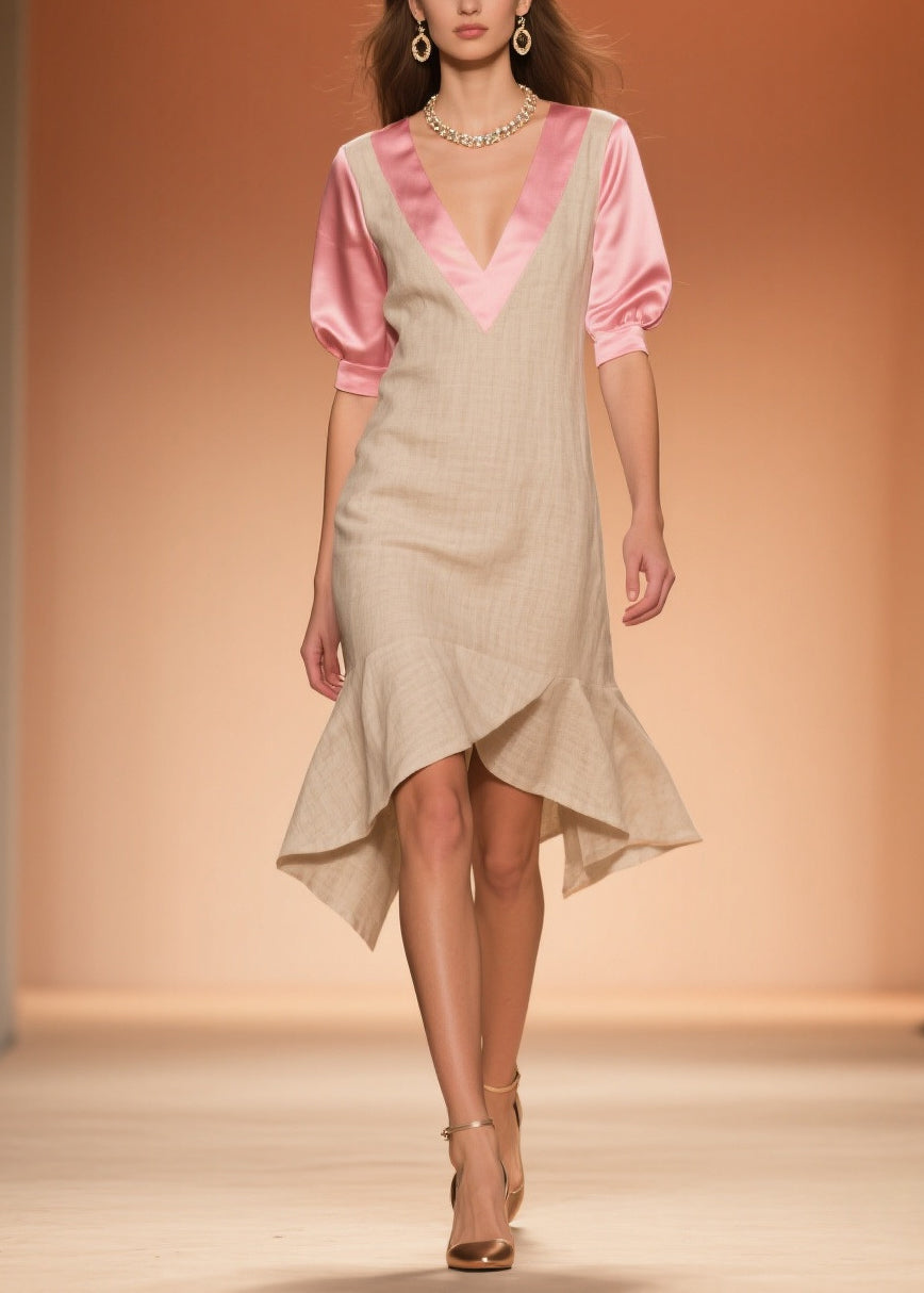 Beige Ruffled Patchwork Linen Silk Fake Two Piece Dress Summer