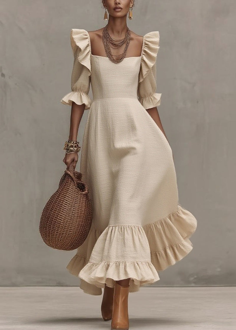 Beige Ruffled Patchwork Long Dresses Short Sleeve