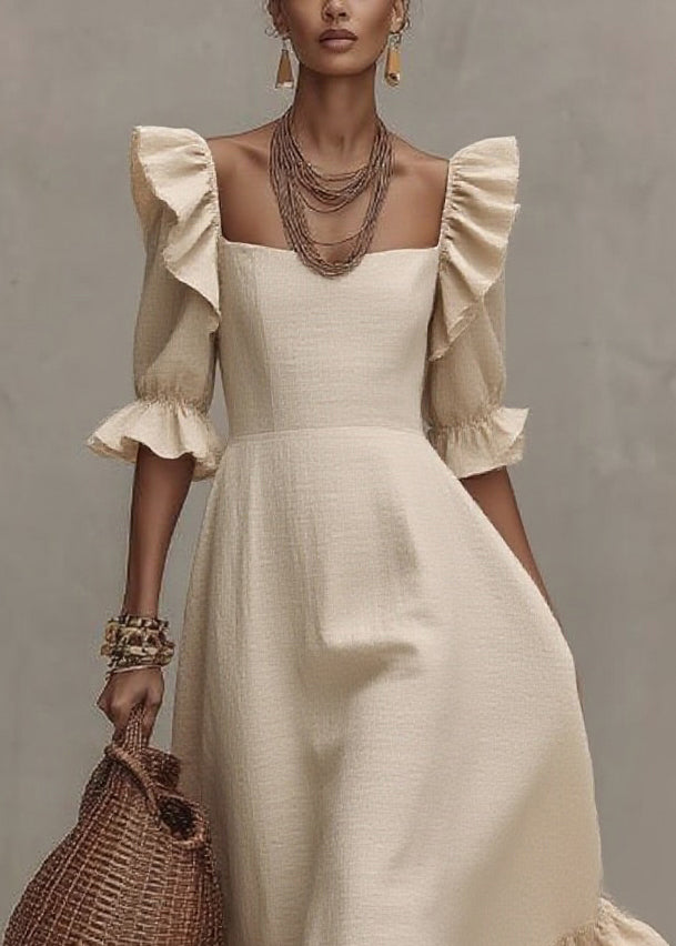 Beige Ruffled Patchwork Long Dresses Short Sleeve