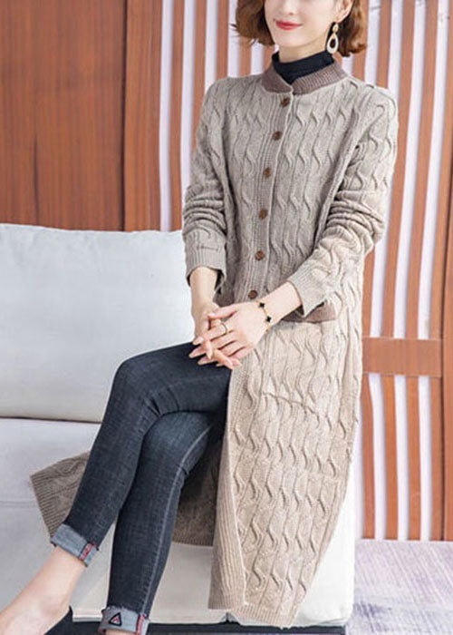 Beige Stand Collar Pockets Knit Long Cardigans Winter