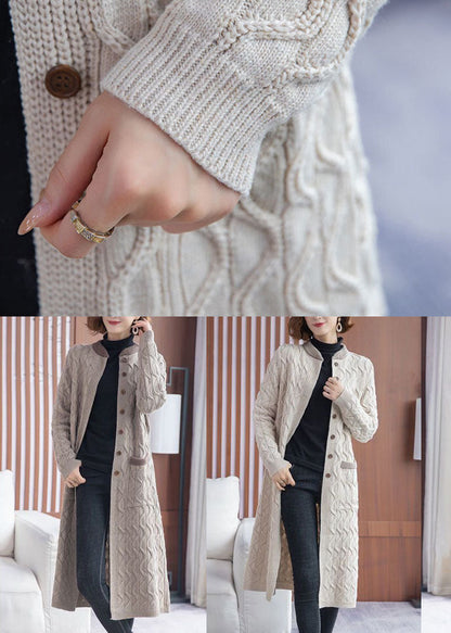 Beige Stand Collar Pockets Knit Long Cardigans Winter